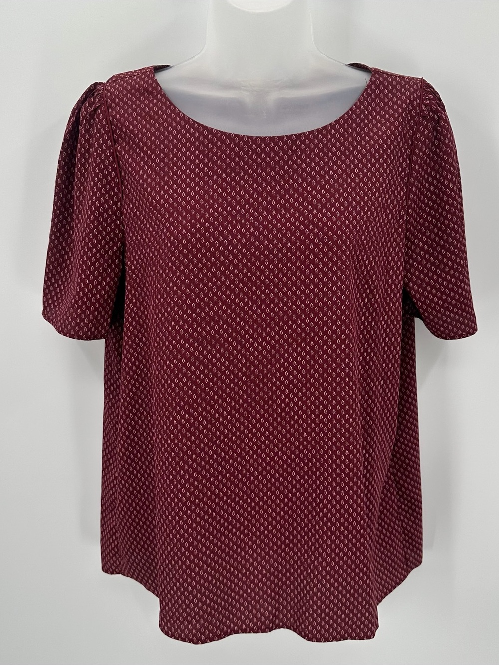 H&M Blouse Womens 10 Burgundy Leaf Print Short Puff Sleeve Top Fall New